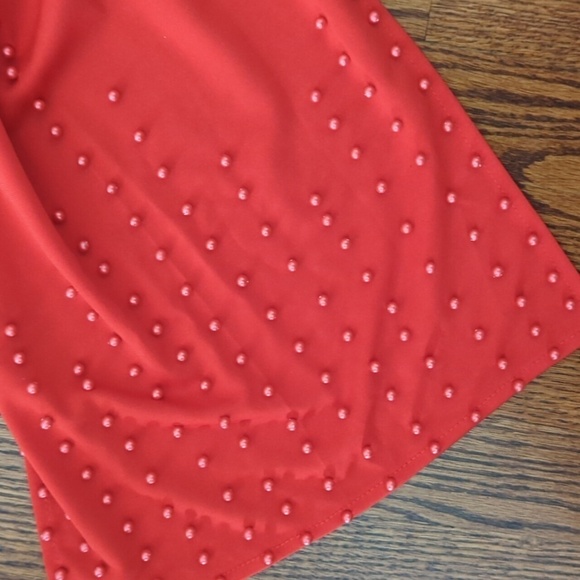 New Red Jumpsuit knit pearl encrusted slit bell sleeves square neck NWT sz L - Picture 6 of 9